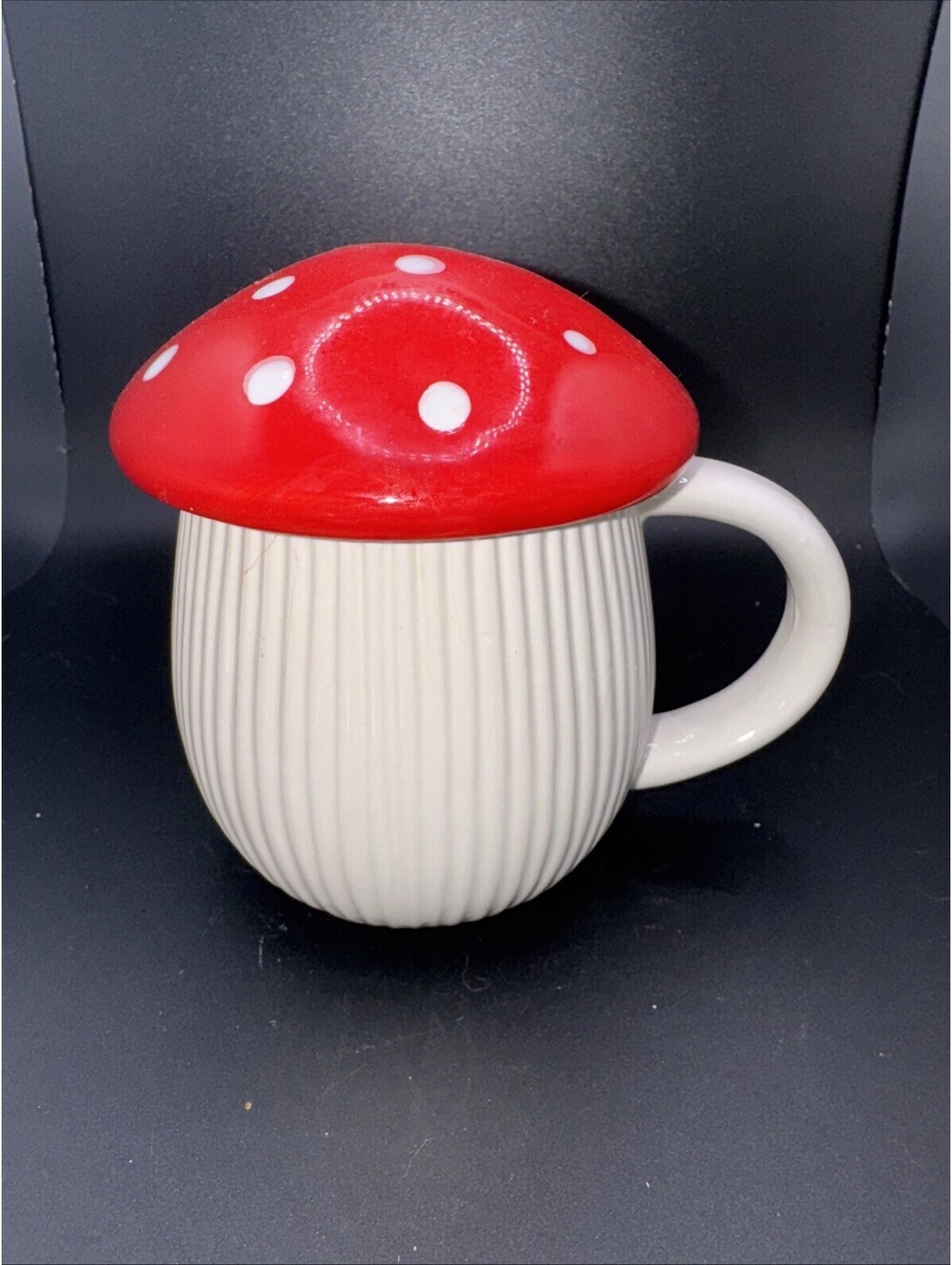 World Market Coffee Mug Tea Cup Mushroom Shaped White w Red White Polka Dot Lid